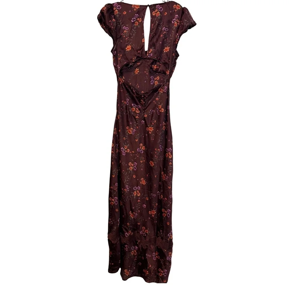 Free People Morning Dove Floral Lace Trim Satin Maxi Dress Brown Womens Medium M